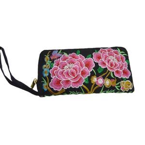 Embroidered Floral Boho Clutch Purse Wallet Wristlet Chrysanthemum Lotus